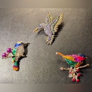 Vibrant Bird Brooch Trio.  2 Enamel Brooches And One Rhinestone